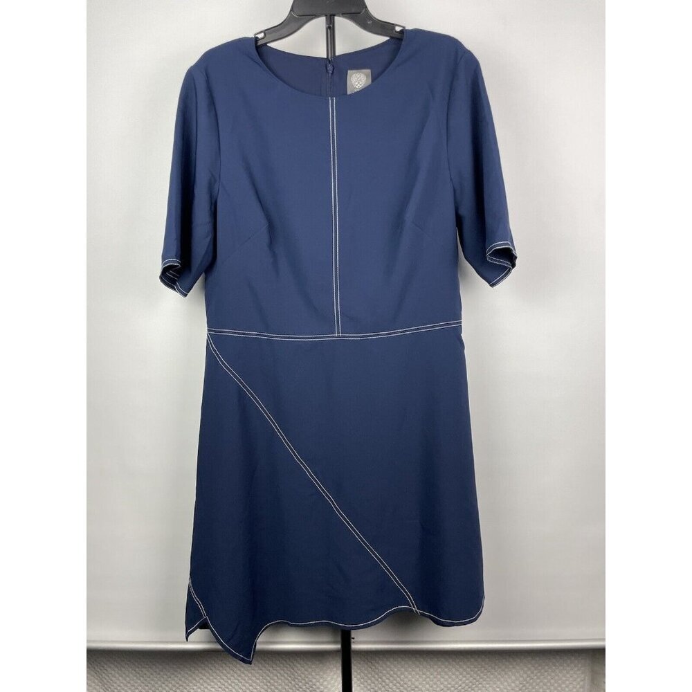 Vince Camuto Blue White Stitch Short Sleeve A-Line Asymmetrical Hem Dress Sz 18